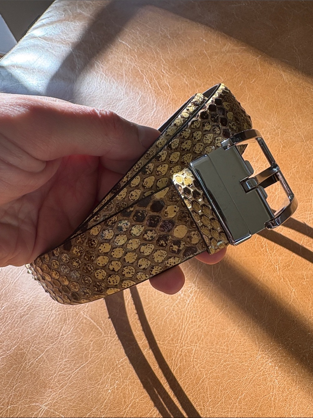 Unisex Real Python Leather Belt with Silver Buckle